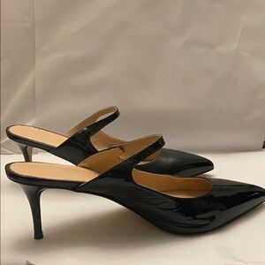 J. Crew black patent leather sling backs with mini strap no box 3” heel